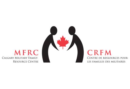 Calgary Military Family Resource Centre (MFRC) logo featuring two stylized figures holding a red maple leaf, representing the connection and support between military families. The logo includes text in both English and French: "Calgary Military Family Resource Centre" (MFRC) on the left and "Centre de Ressources pour les Familles des Militaires" (CRFM) on the right.