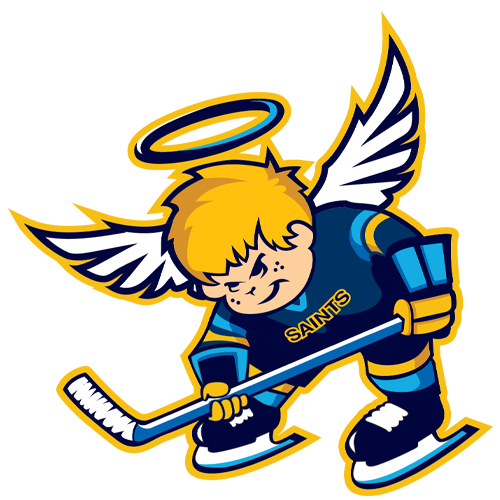 A cartoon-style illustration of a hockey player with angelic features, including a glowing halo and white wings. The player has short blond hair and wears a navy blue jersey with "SAINTS" written on it, along with matching blue and yellow hockey gear. The character has a determined expression and is in an action pose, holding a hockey stick and preparing to strike the puck. The background is solid yellow, complementing the team colors.