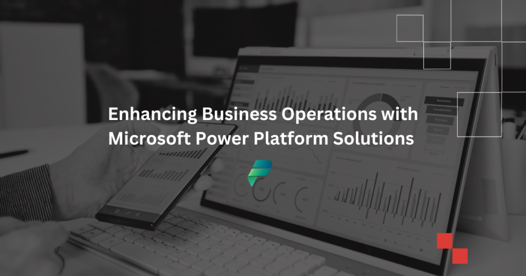 A business professional uses a smartphone and laptop displaying data dashboards with charts and graphs. The text overlay reads “Enhancing Business Operations with Microsoft Power Platform Solutions,” highlighting the use of Power Apps, Power Automate, and related tools to improve workflows. A Microsoft Power Platform logo is centered on the screen.